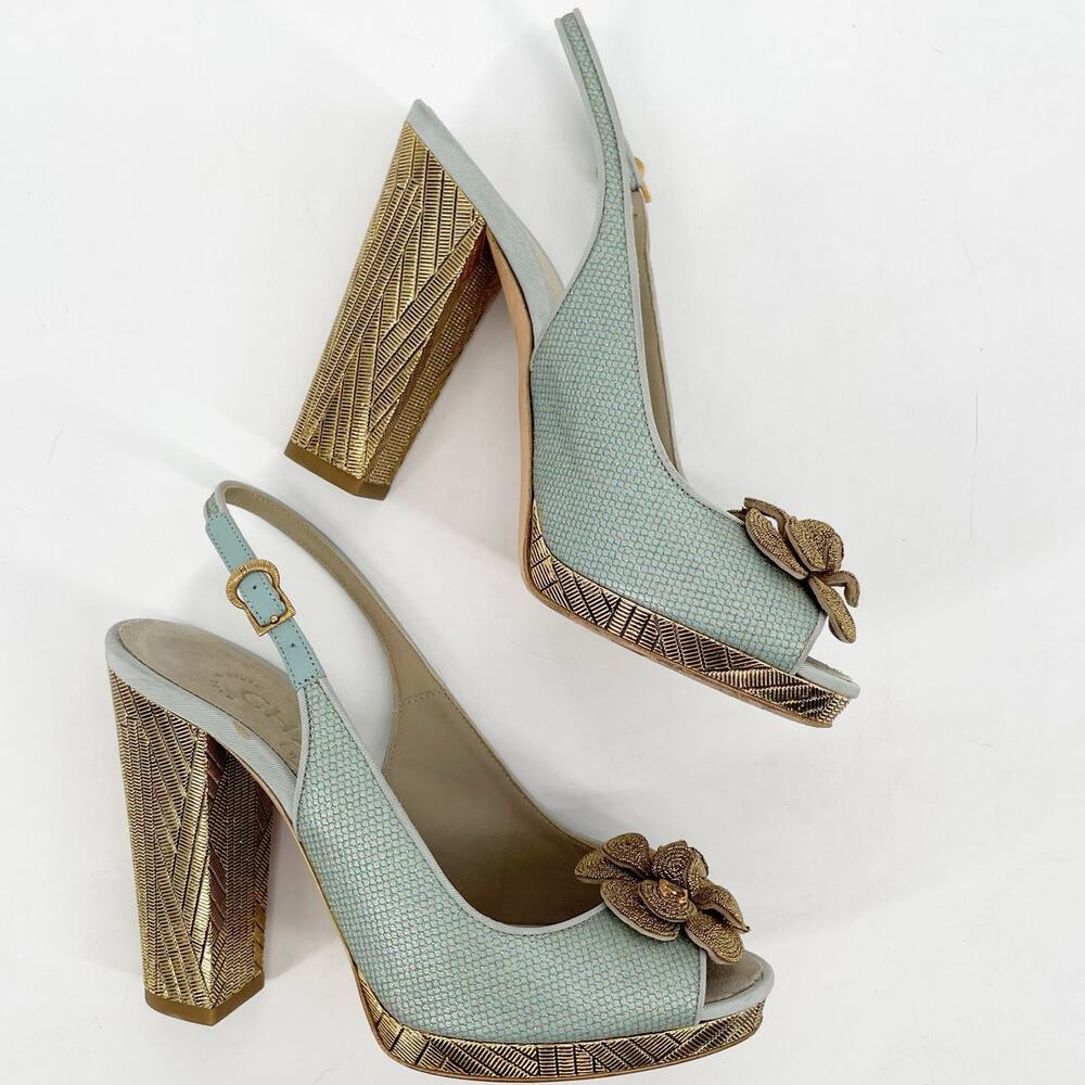 Chanel Cruise 2013 Metallic Gold Teal Satin Camellia Flower Slingback Heels 36C - Picture 3 of 13